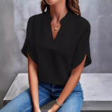 Women Summer Casual Solid V-Neck Loose Shirt