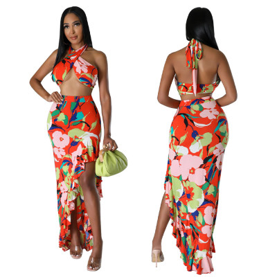 Women Summer Top and Ruffled Slit Skirt Two-piece Set