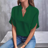 Women Summer Casual Solid V-Neck Loose Shirt