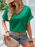 Women Satin V Neck Pocket Short Sleeve Loose Casual Top