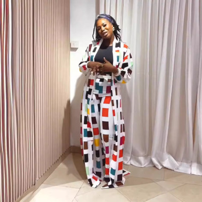 Women Casual Printed Slit Robe and Pant Two-piece Set