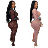 Women Sexy Print See-Through Long Sleeve Jumpsuit