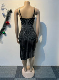 Women Sexy Beaded V-Neck Bodycon Split Dress
