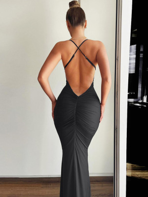 Women Summer Solid Fishtail Sexy Backless Strap Dress