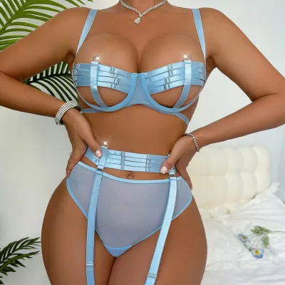 Women Sexy Lace-Up Mesh Patchwork Sexy Lingerie Two-piece Set