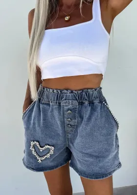 Summer Fashion Casual Heart Shape Rhinestone Denim Shorts