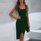 Square Neck Sleeveless Summer Irregular Pullover Solid Color Midi Dress