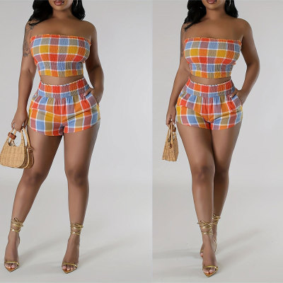 Women's Plaid Contrast Color Strapless Sexy Fashion Two Piece Shorts Set