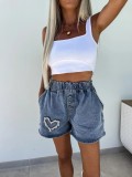 Summer Fashion Casual Heart Shape Rhinestone Denim Shorts
