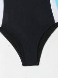 Color Block One-Piece Long Sleeve Sexy Hollow Low Back Swimsuit