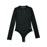 Sexy Mesh See-Through Round Neck Long-Sleeved Bodysuit Summer Stretch Tight Fitting Basic Shirt