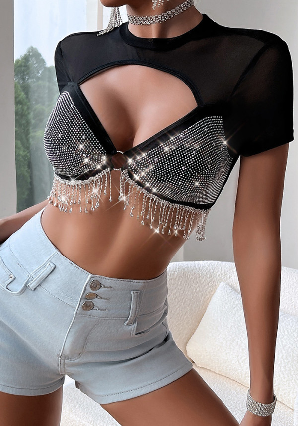 See-Through Lacemesh Beaded Tassels Crop Top