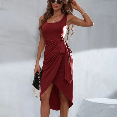 Square Neck Sleeveless Summer Irregular Pullover Solid Color Midi Dress