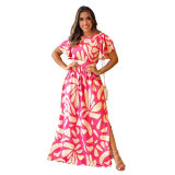 Chic Casual Spring And Summer Women's Printed Short Sleeve Long Dress