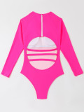 Color Block One-Piece Long Sleeve Sexy Hollow Low Back Swimsuit
