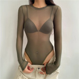 Sexy Mesh See-Through Round Neck Long-Sleeved Bodysuit Summer Stretch Tight Fitting Basic Shirt