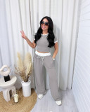 Spring Summer Style Round Neck Contrast Color Short Sleeve Top Women's Fashion Casual Wide Leg Pants Sports Two Piece Set