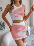Spring Summer Contrast Color Crop Top Bodycon Knitting Skirt Set Women's Clothing