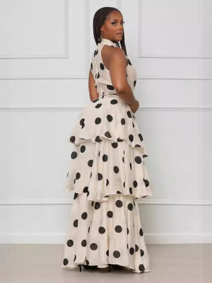 Women's Halter Neck Polka Dot High Waist Ruffle Fashion Skirt Set