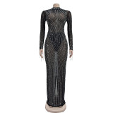 Fashion Women's Solid Color Beaded Mesh Long Dress