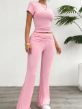 Women's Spring Summer Casual Solid Color Slim Fit Short Sleeve Two Piece Pants Set