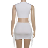Summer Women's Sleeveless Printed Top Tassel High Waist Slim Bodycon Skirt Two Piece Set