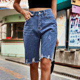 Fashionable Ripped Knee-Length Denim Shorts