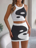 Spring Summer Contrast Color Crop Top Bodycon Knitting Skirt Set Women's Clothing