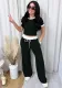 Spring Summer Style Round Neck Contrast Color Short Sleeve Top Women's Fashion Casual Wide Leg Pants Sports Two Piece Set