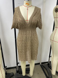V-Neck Beach Cover-Up Short Sleeve Crochet Dress