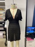 V-Neck Beach Cover-Up Short Sleeve Crochet Dress