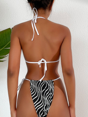 Women Sexy Bikini Color Block Backless Lace-Up Swimwear