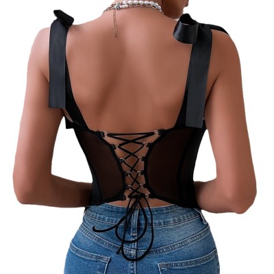 Women Summer Tie Strap Sequin Backless Wire Top