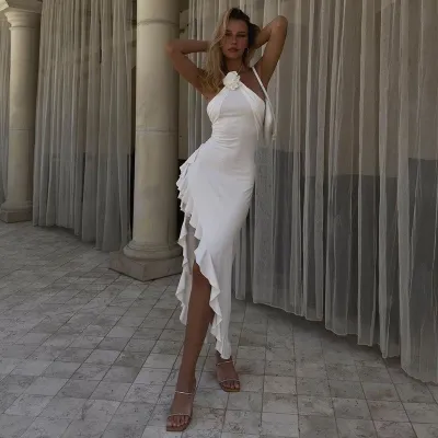 Women Sexy Halter Neck Flower Slit Dress