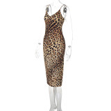 Women Summer Camisole Backless Leopard Print Dress