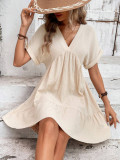 Women Solid V-neck Loose Pleated Dress