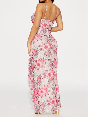 Summer Women floral print ruffle slit suspender dress