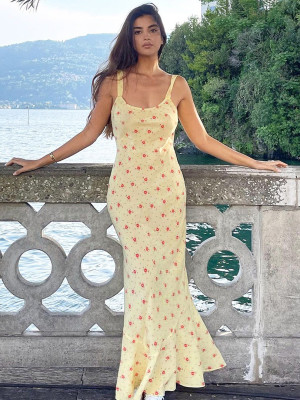 Women French Floral Summer Print Maxi Strap Dress