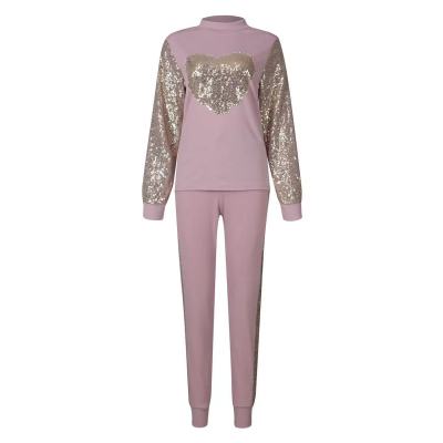 Women Heart Print Sequin Top and Pant Casual Two-piece Set