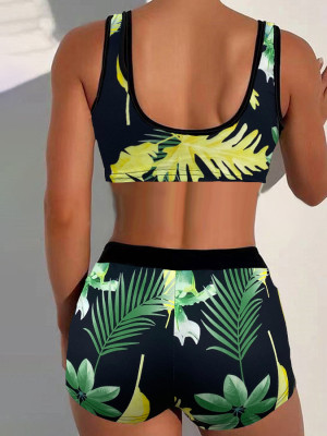 Casual Tropical Leaf Print Home Style Plus Size Sexy Two-Piece Shorts Set