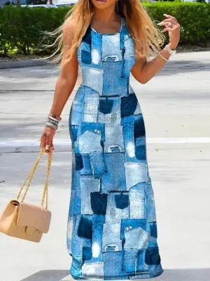 Summer Fashion Printed Round Neck Sleeveless Slim Dress