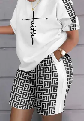 Plus Size Women Summer Print Casual Top and Shorts Two-piece Set