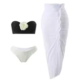 Color Block Sexy Floral Strapless Two Piece Bikini Mesh Long Skirt Three-Piece Swimsuit