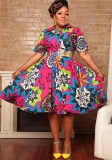 Printed V-Neck Zipper Short-Sleeved Plus Size Loose Dress