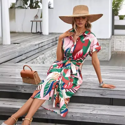 Women's Summer Printed Slim Single-Breasted Casual Shirt Dress