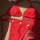 Sexy Solid Color Bikini Beach Mesh Cover Up Three-Piece Swimsuit