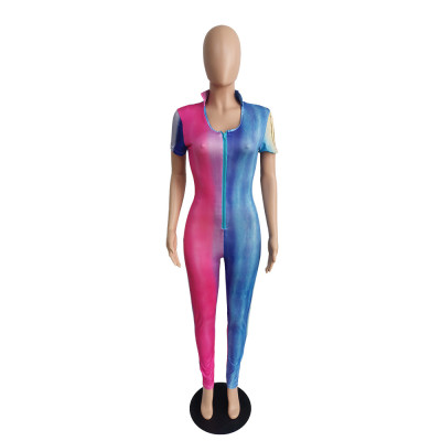 Women's Multi-Color Printed Slim Fit Sexy Short Sleeve Zip Jumpsuit