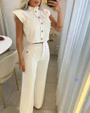 Women Striped Patchwork Single Breasted Career Top and Pant Casual Two Piece Set
