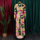 Women Printed Turndown Collar Lace-Up Shirt Wide Leg Pants Two-Piece Set