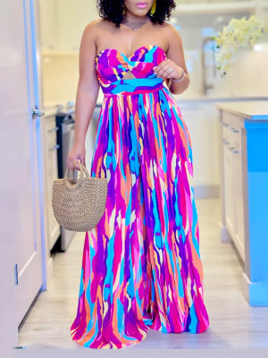 Women summer sexy printed chest-wrapped off-shoulder pleated wide-leg Jumpsuit